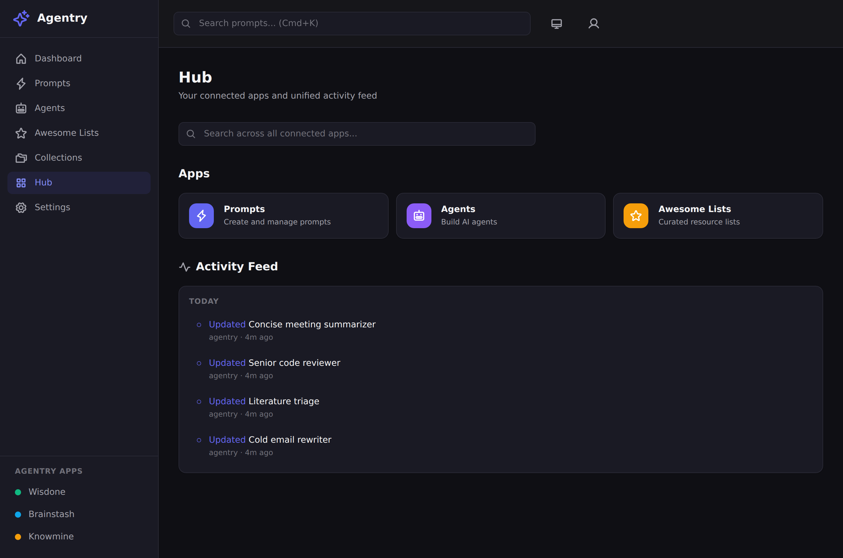 Agentry's Hub showing connected sibling apps
