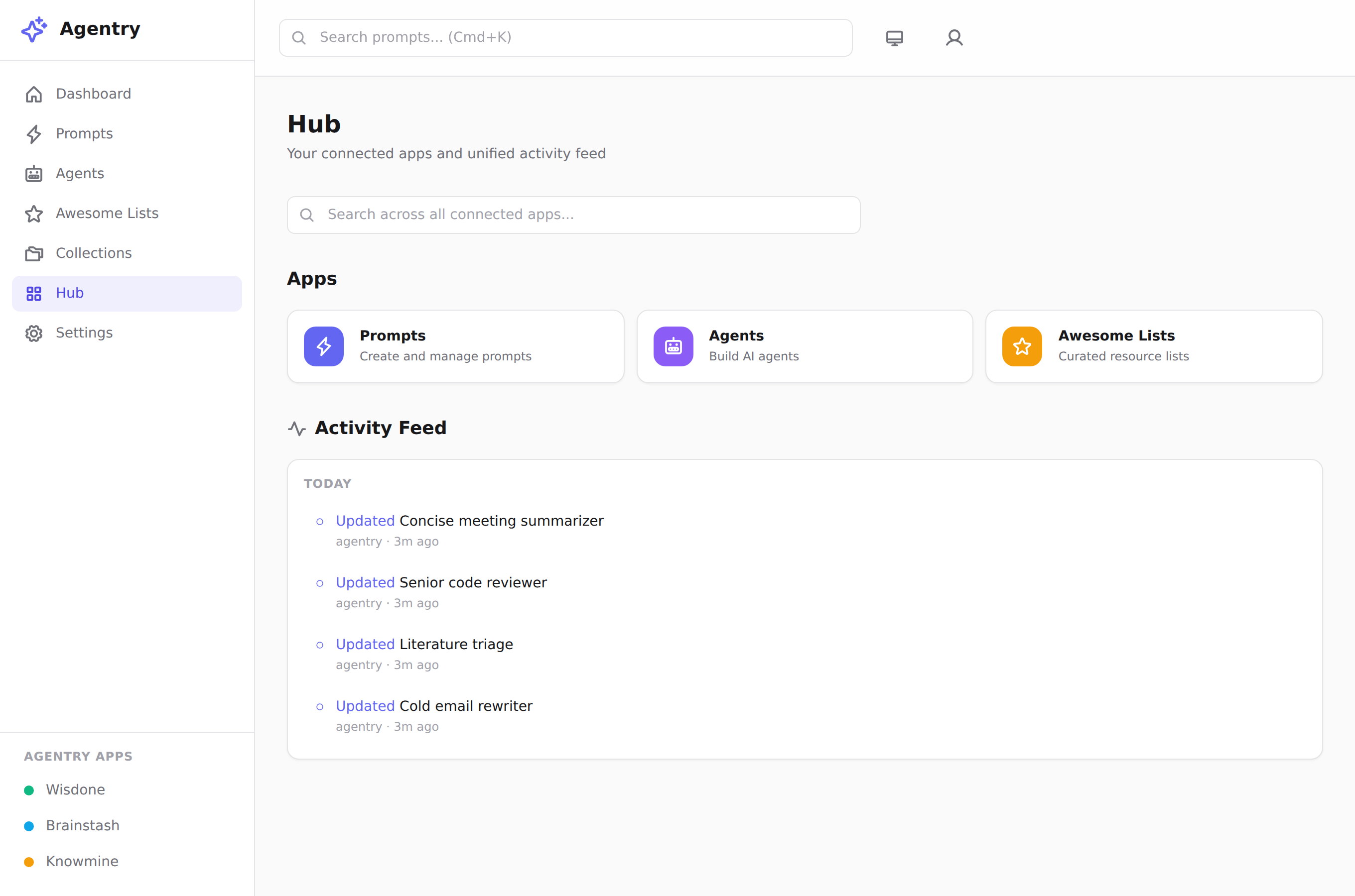 Agentry's Hub showing connected sibling apps