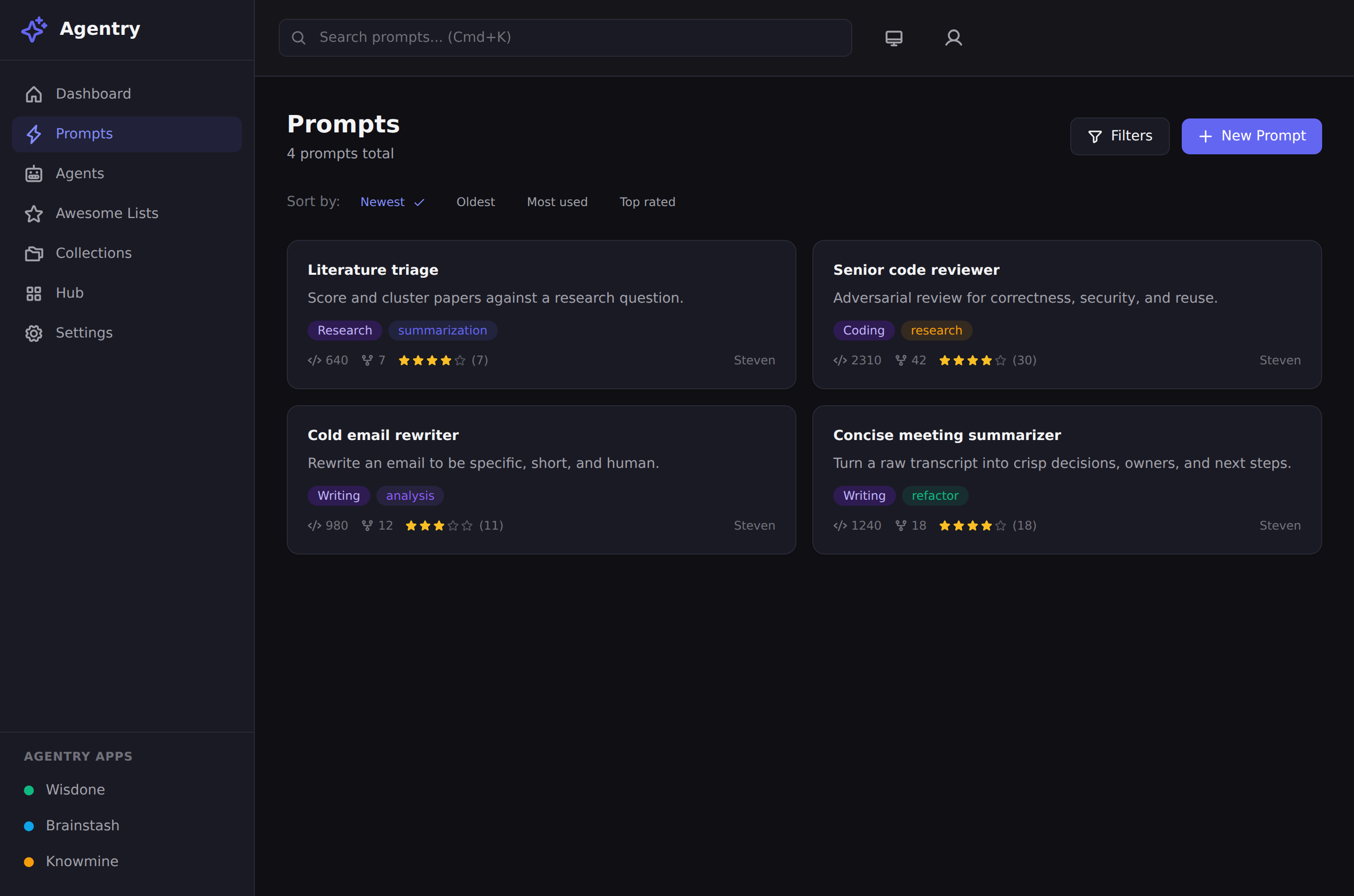 Agentry's Prompts library: a sidebar, a search bar, and prompt cards showing tags, ratings, and usage counts