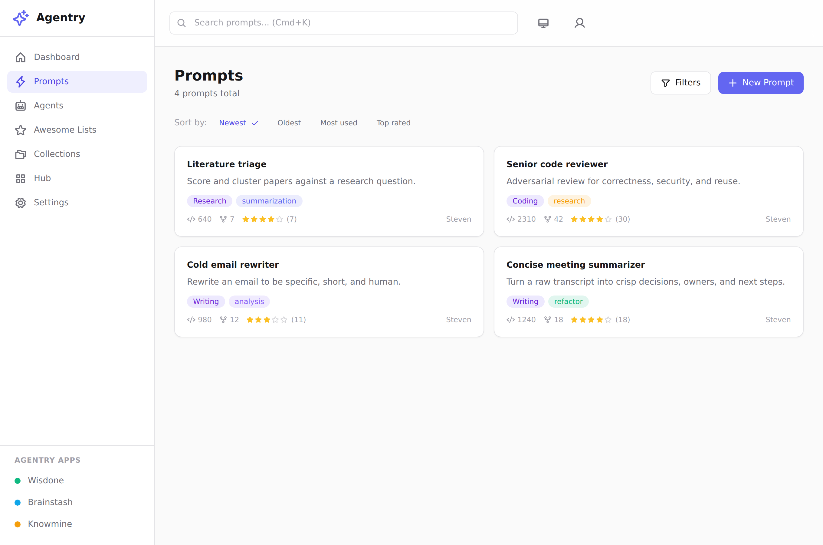Agentry's Prompts library: a sidebar, a search bar, and prompt cards showing tags, ratings, and usage counts