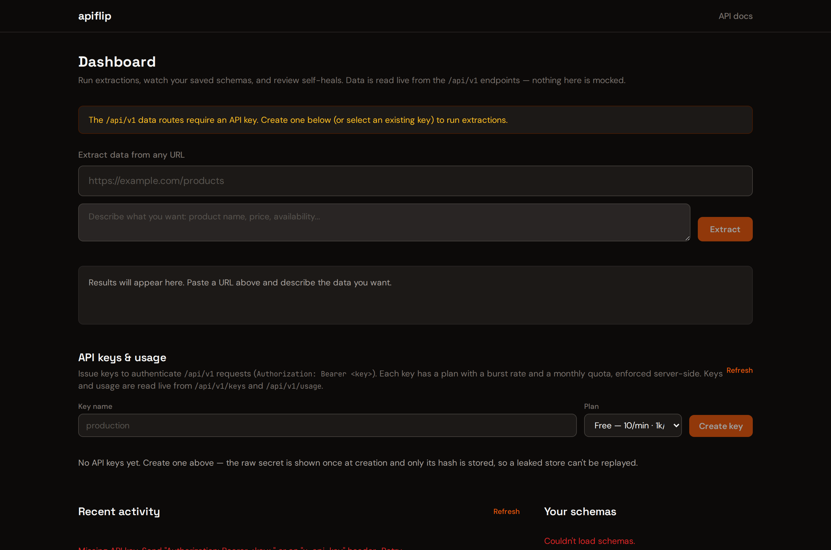 Apiflip dashboard: an extract form, an API keys and usage panel with plan selector, and recent activity
