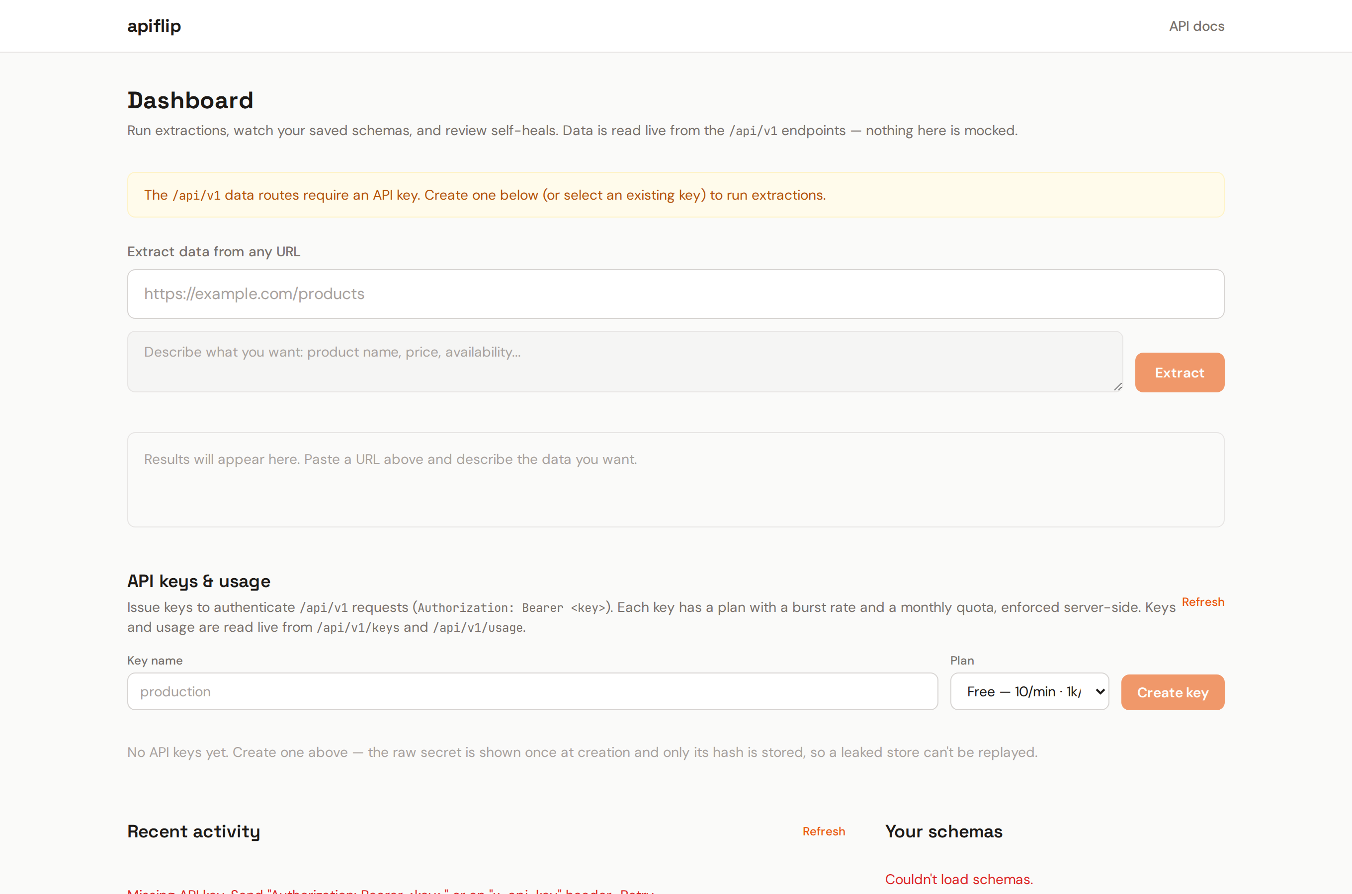 Apiflip dashboard: an extract form, an API keys and usage panel with plan selector, and recent activity