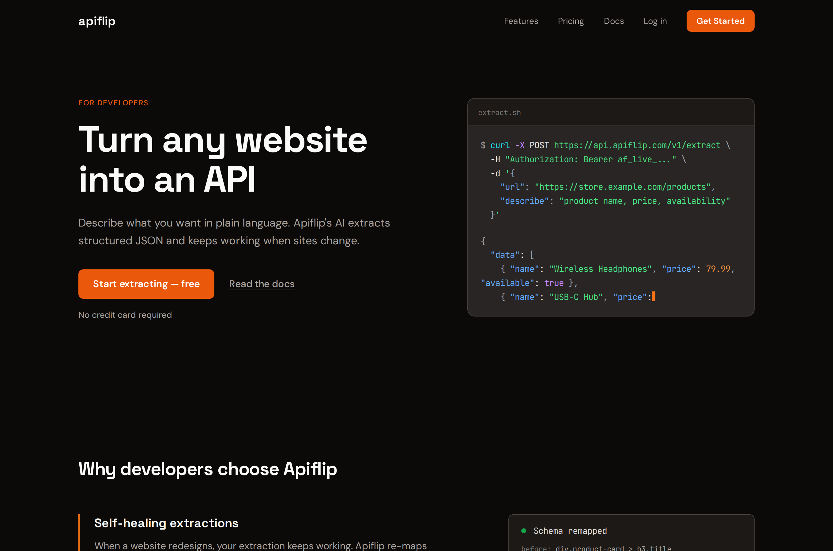 Apiflip landing: turn any website into an API, with a curl example returning typed JSON