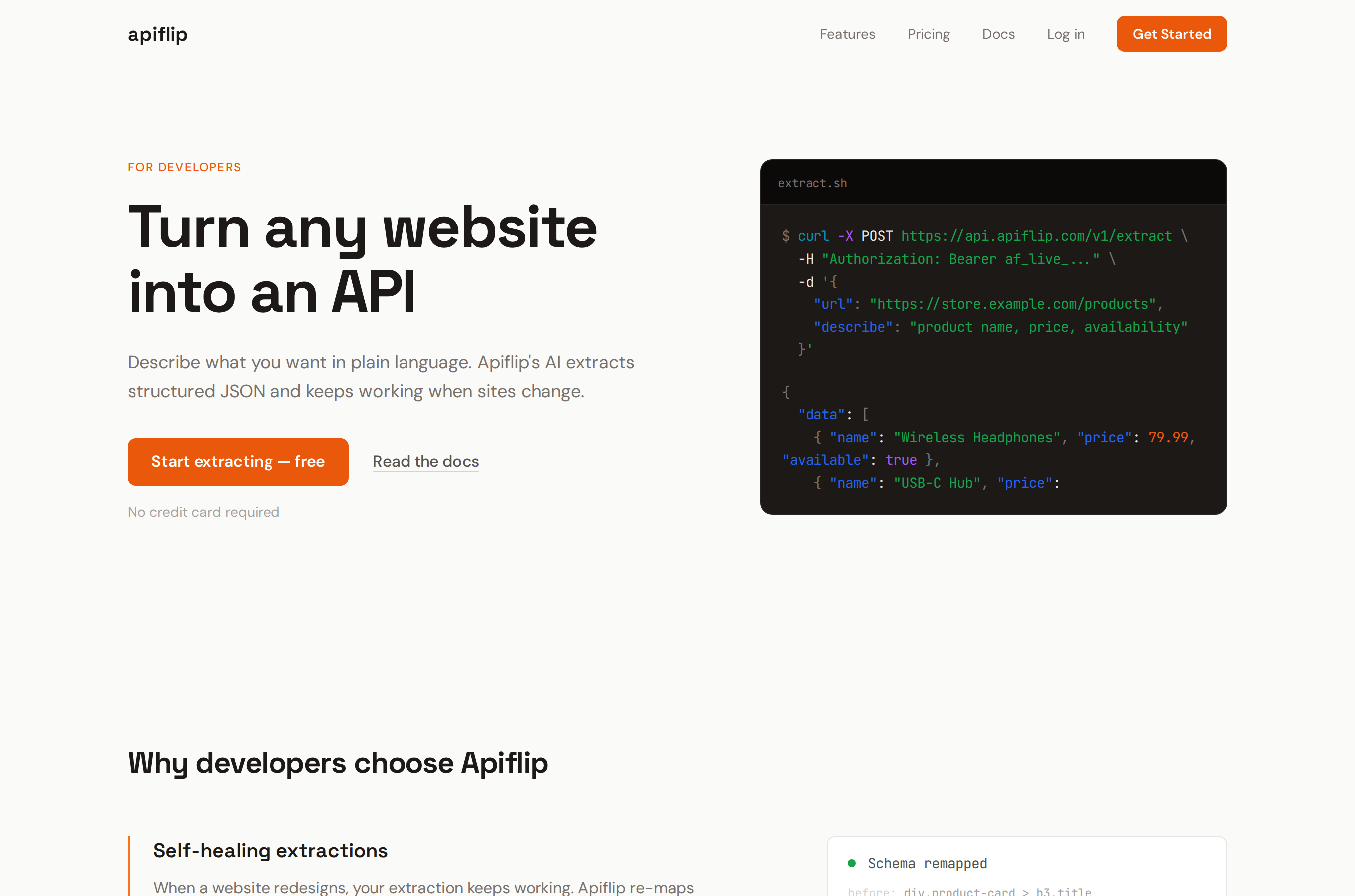 Apiflip landing: turn any website into an API, with a curl example returning typed JSON