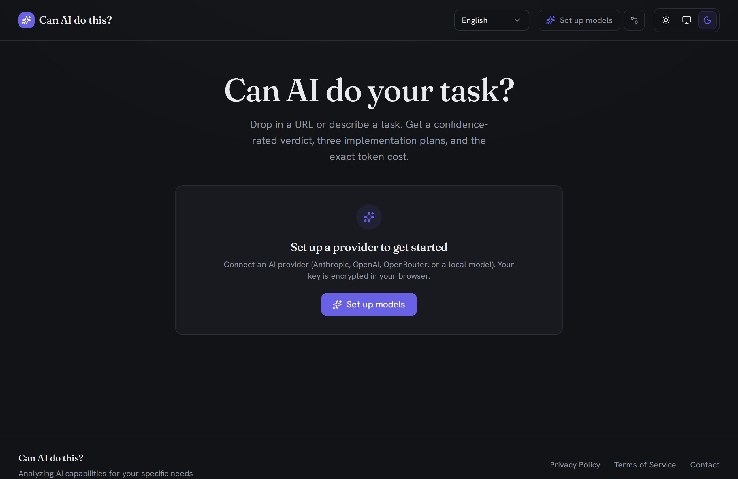 augur's main screen: the headline 'Can AI do your task?', a one-line value prop, and a card prompting you to connect an AI provider to get started