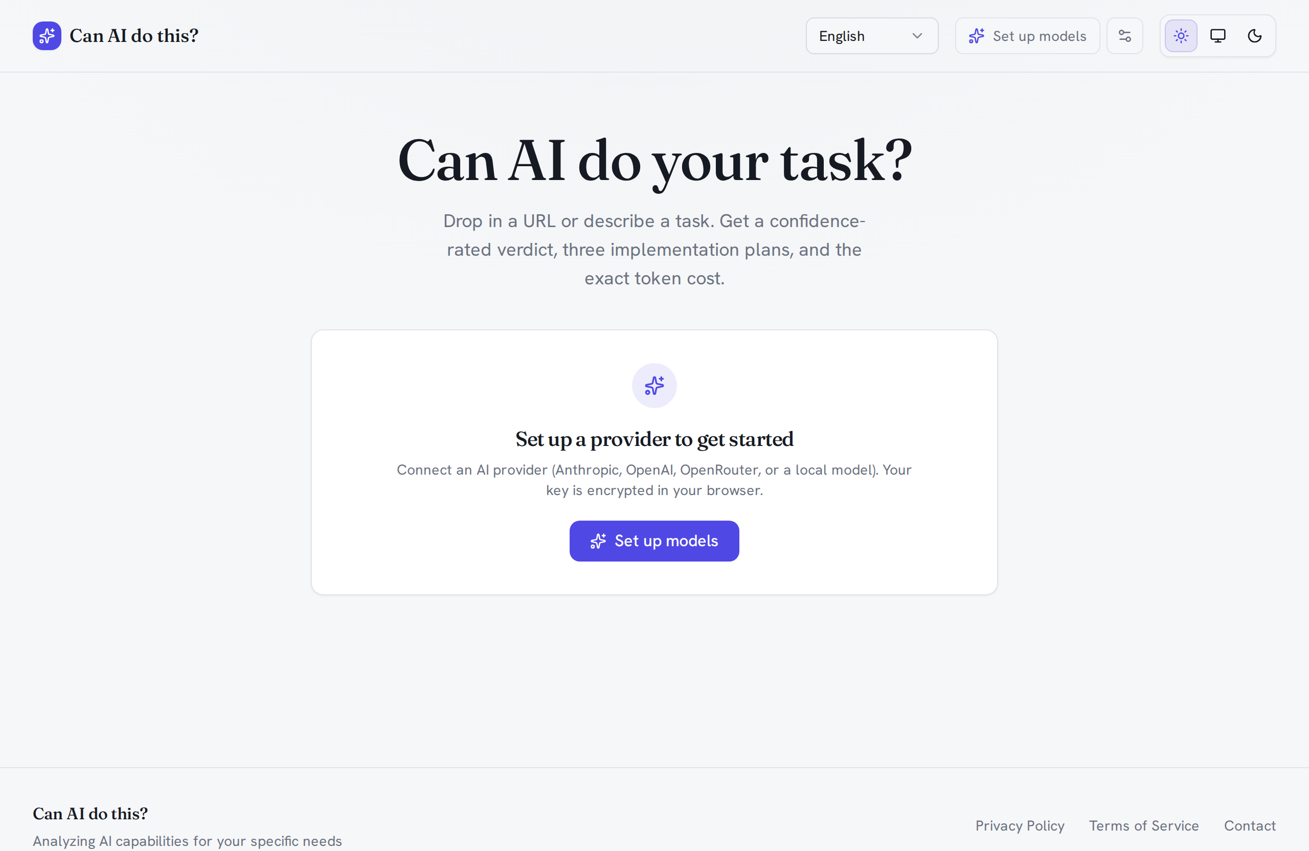 augur's main screen: the headline 'Can AI do your task?', a one-line value prop, and a card prompting you to connect an AI provider to get started