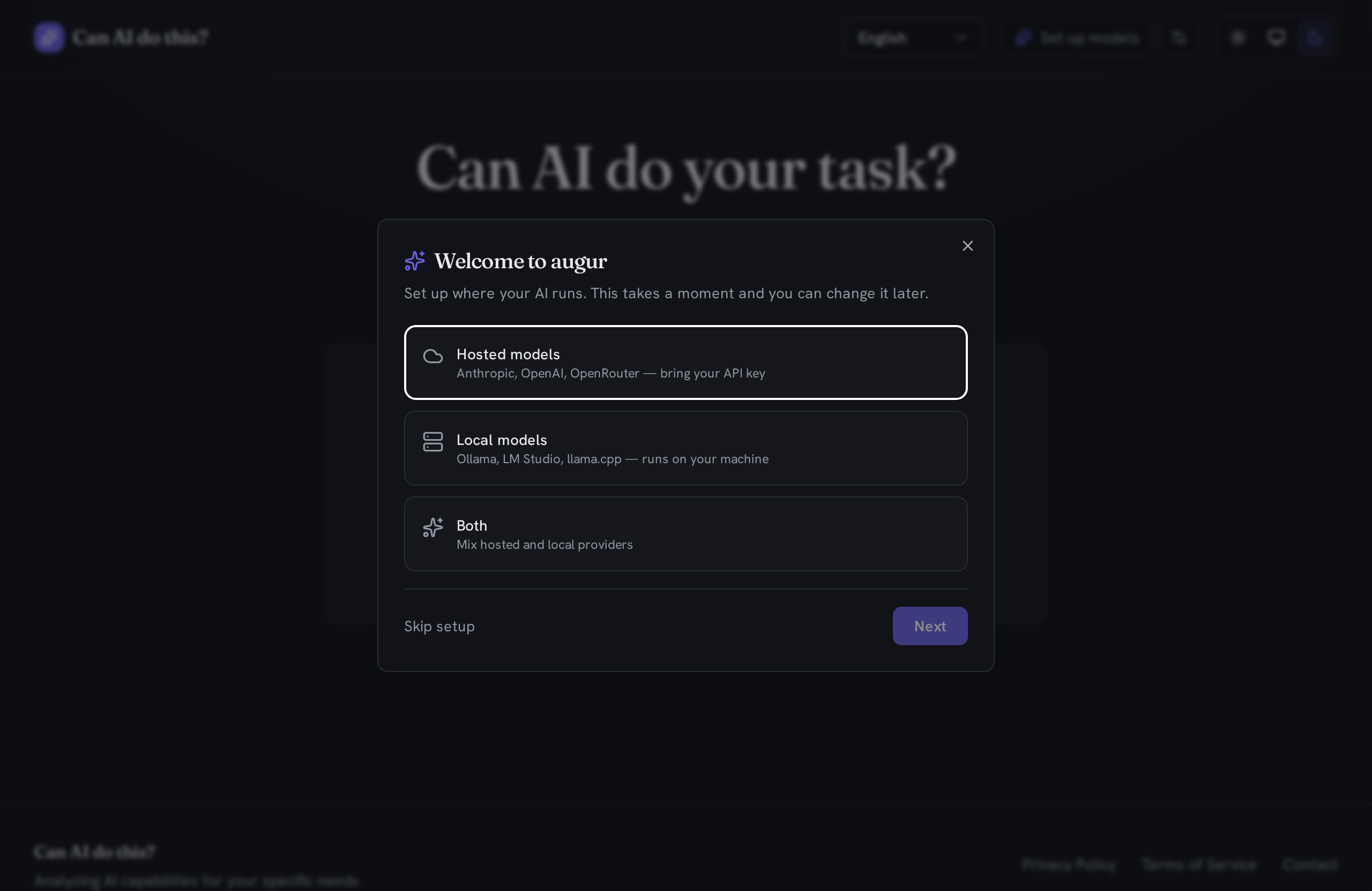 augur's first-run setup wizard: choose Hosted models, Local models, or Both, with a Skip setup option