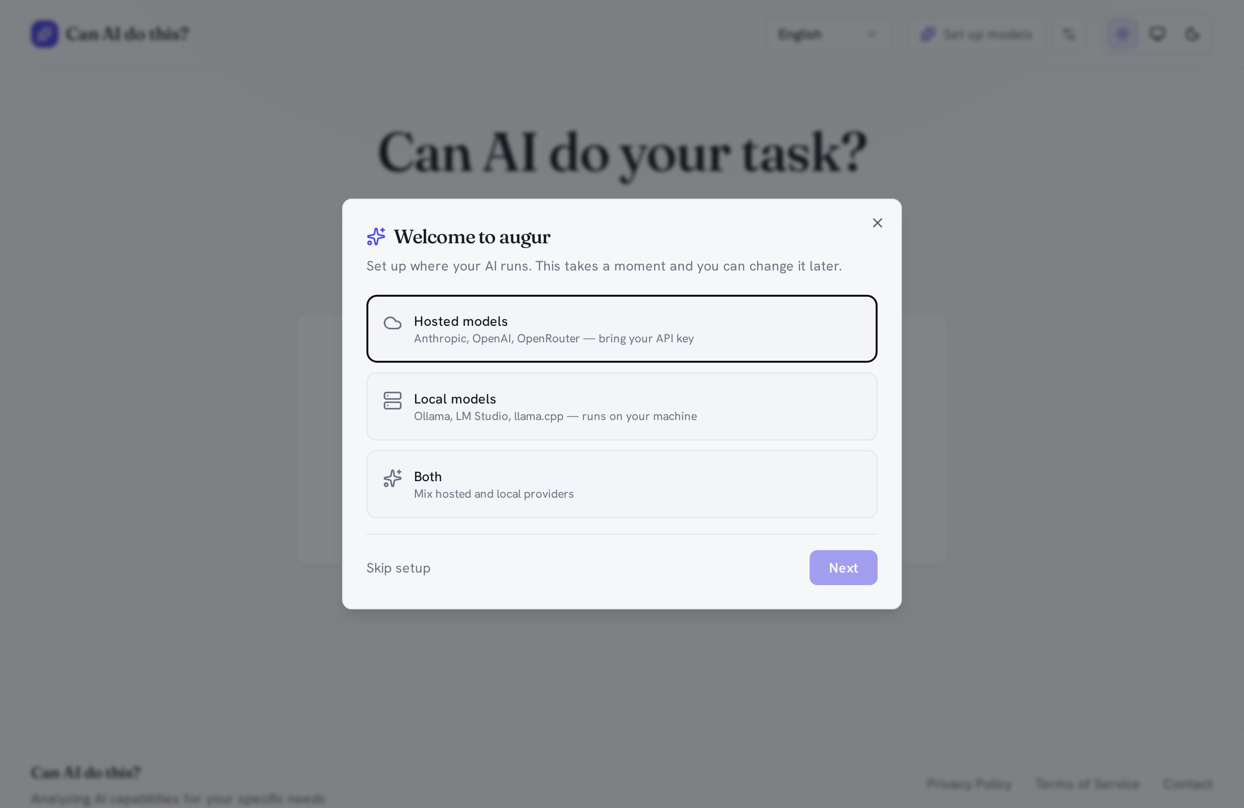 augur's first-run setup wizard: choose Hosted models, Local models, or Both, with a Skip setup option