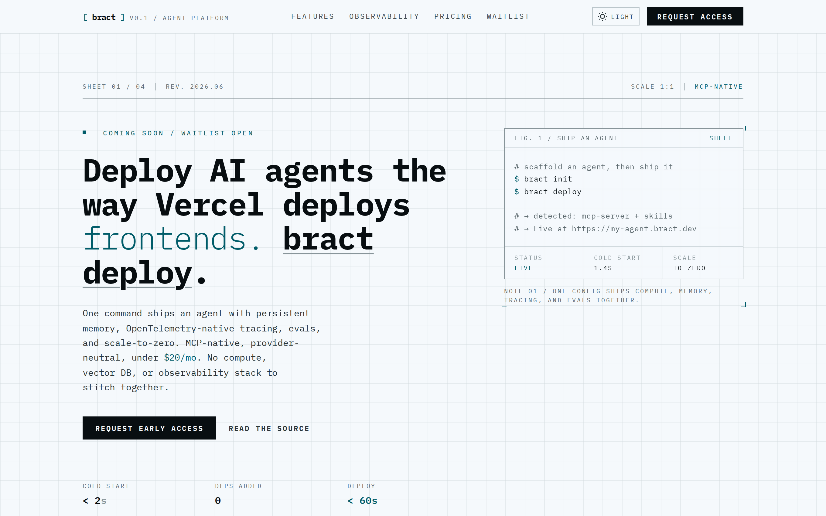 Bract landing: The Vercel for AI Agents — deploy agents with memory, tracing, evals, MCP hosting, and scale-to-zero