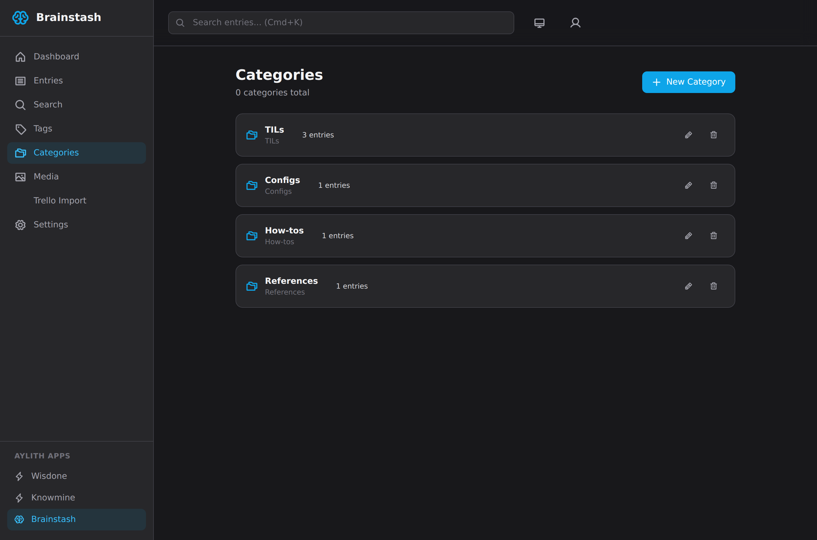 Brainstash categories: browsing the knowledge base by category