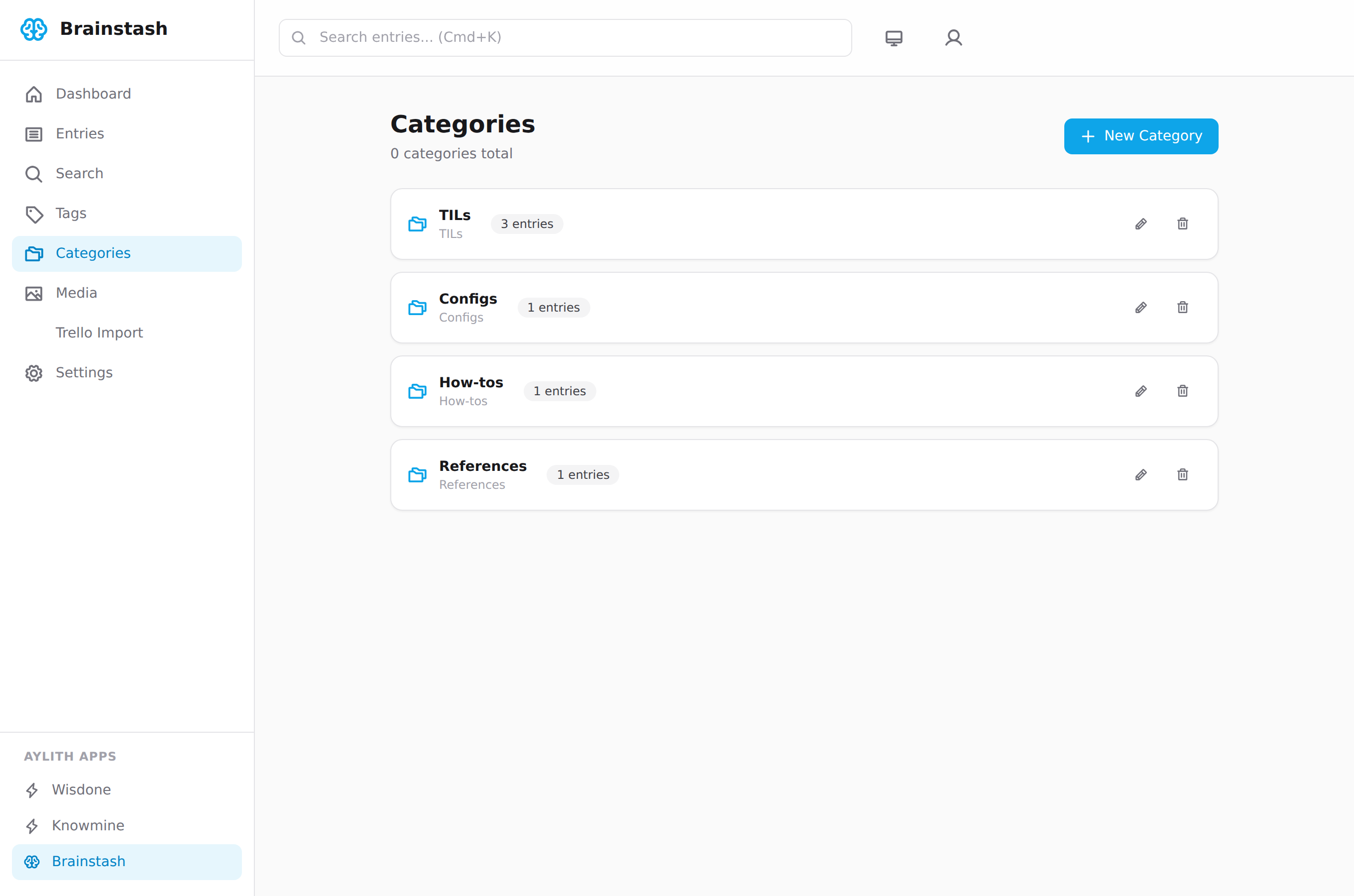 Brainstash categories: browsing the knowledge base by category