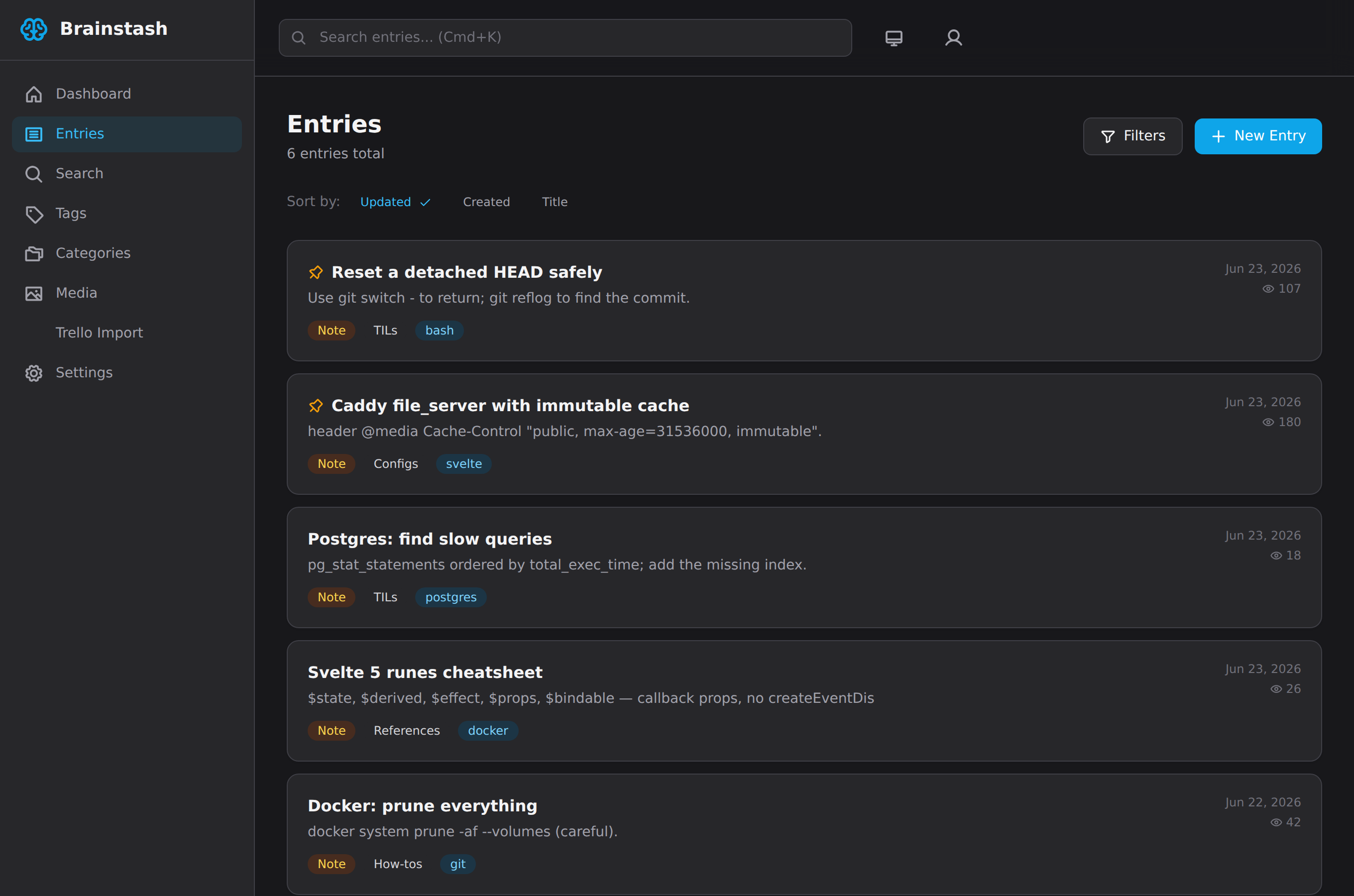 Brainstash entries: the personal knowledge base with full-text search, categories, and tags