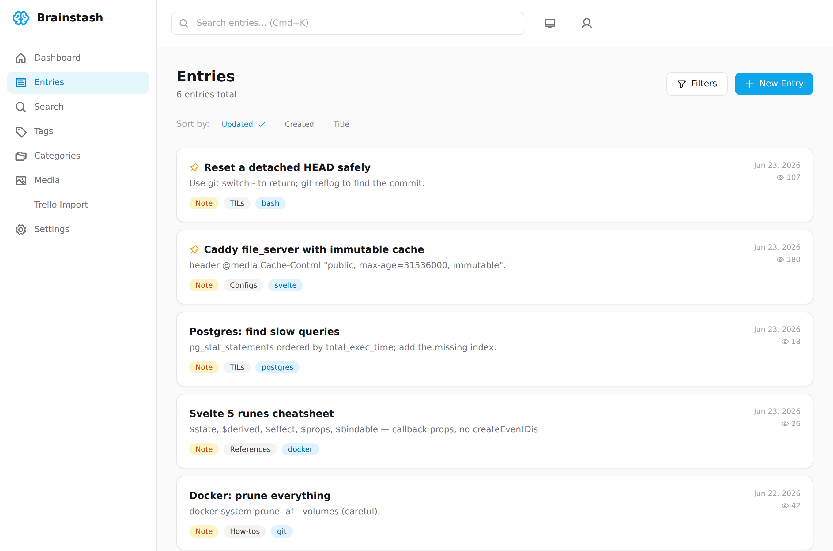 Brainstash entries: the personal knowledge base with full-text search, categories, and tags