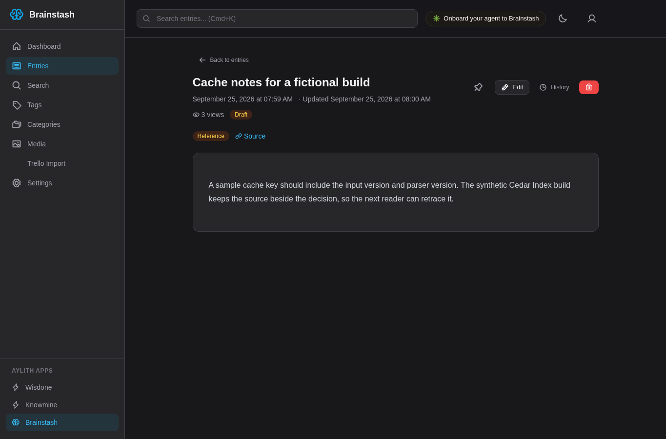 Actual local Brainstash entry with a fictional cache note, a reserved example.test source and edited content