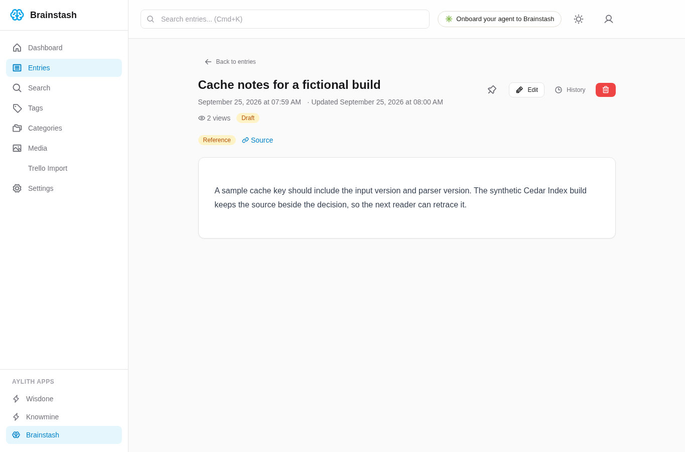 Actual local Brainstash entry with a fictional cache note, a reserved example.test source and edited content