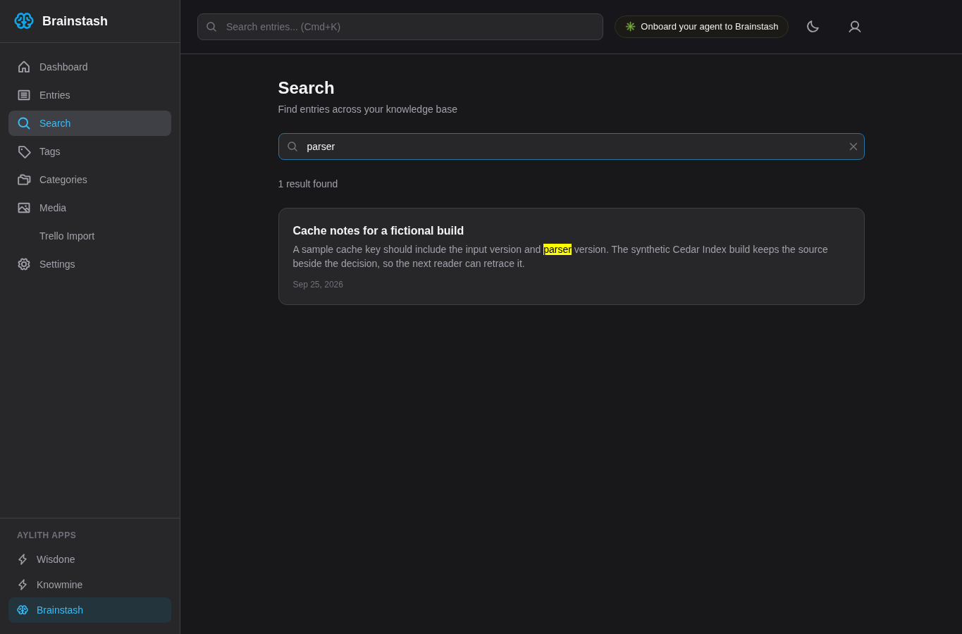 Actual local Brainstash title and content search returning one parser match in the fictional note