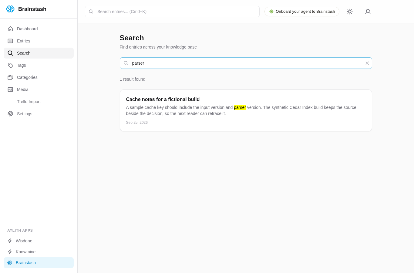 Actual local Brainstash title and content search returning one parser match in the fictional note