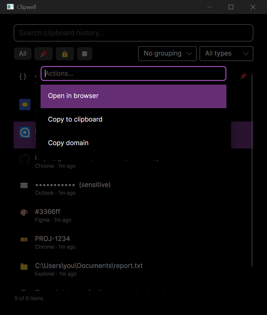 The Ctrl+K action palette over a selected link, listing Open in browser, Copy to clipboard, and Copy domain