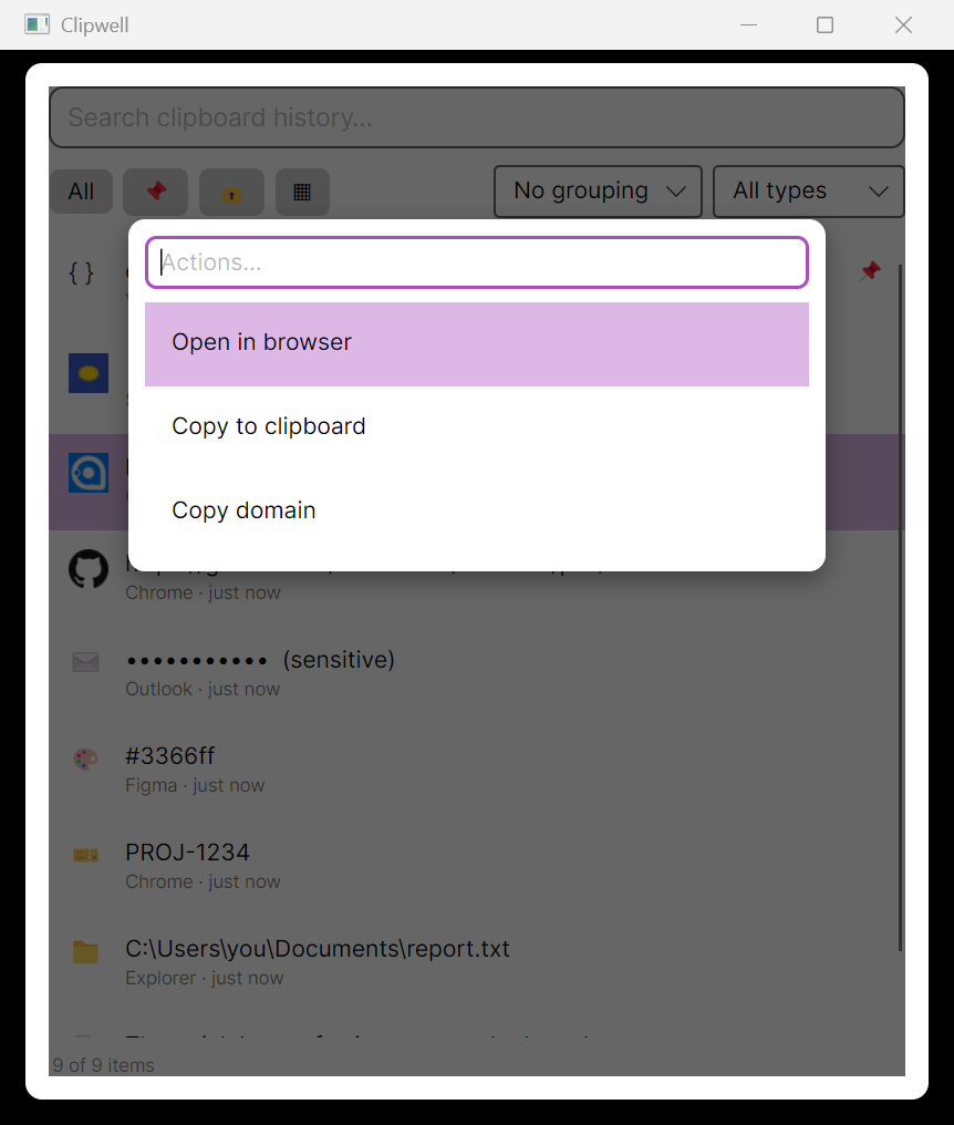 The Ctrl+K action palette over a selected link, listing Open in browser, Copy to clipboard, and Copy domain