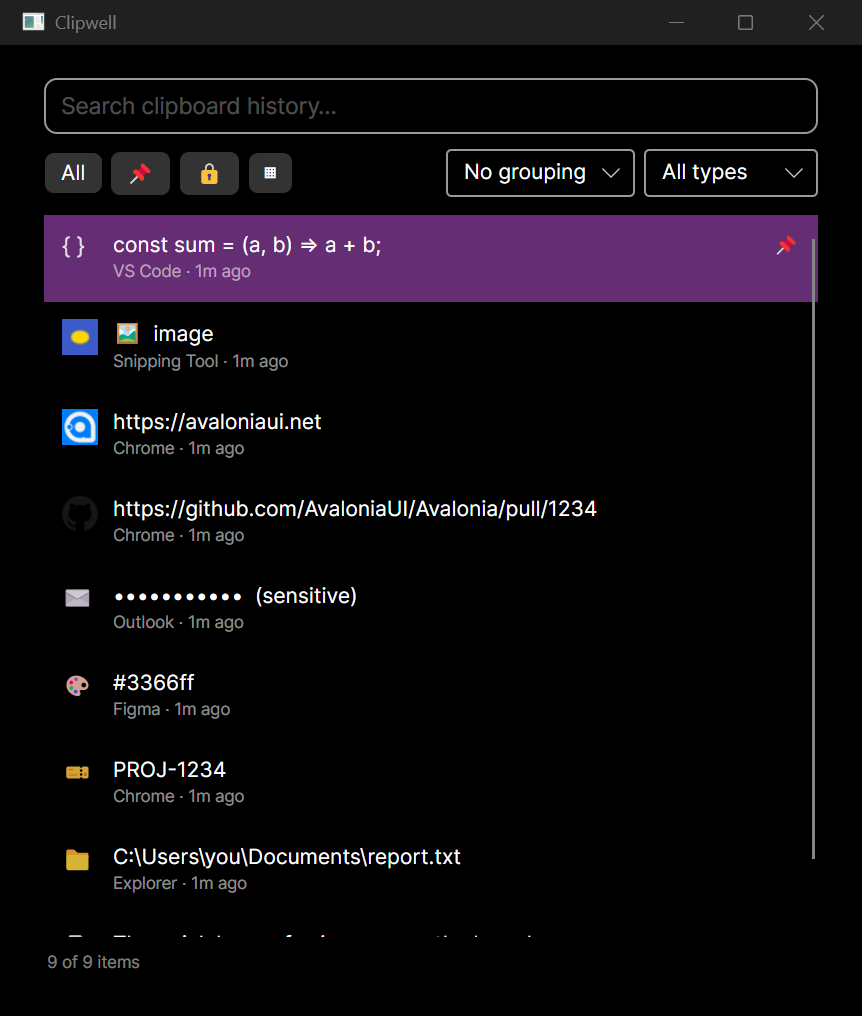 Clipwell in Detail view: the history list on the left and a preview pane on the right showing the selected item's full content
