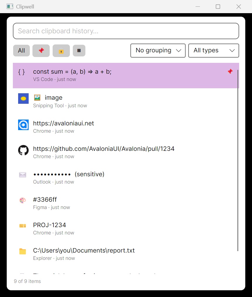 Clipwell in Detail view: the history list on the left and a preview pane on the right showing the selected item's full content