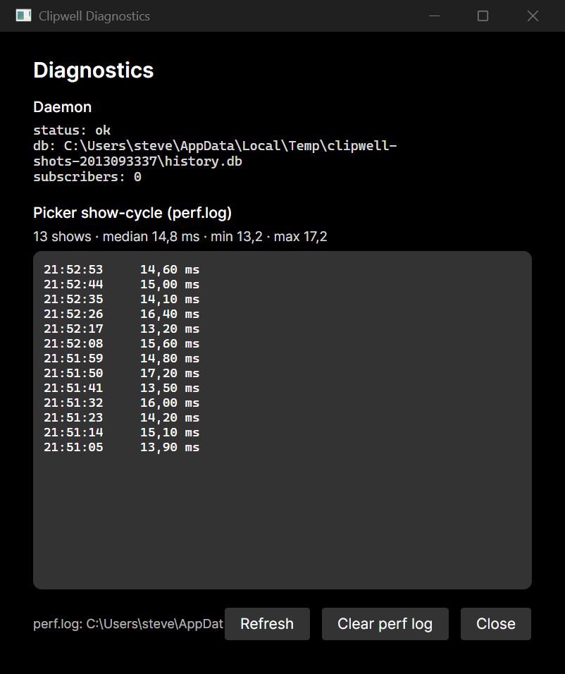 The Clipwell diagnostics window showing daemon status and picker show-cycle timings