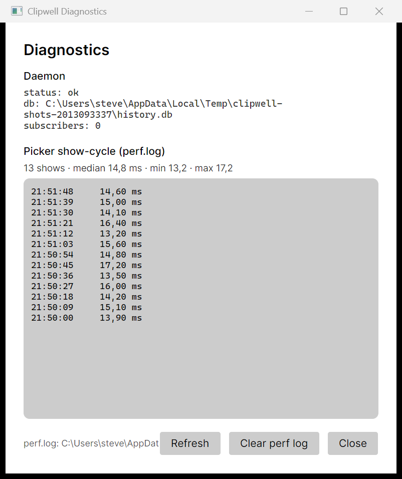 The Clipwell diagnostics window showing daemon status and picker show-cycle timings