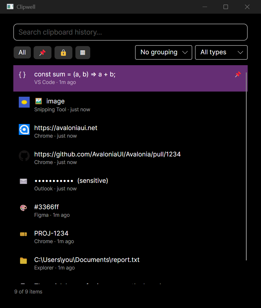 The Clipwell picker showing a search box, filter tabs, and a list of typed clipboard items