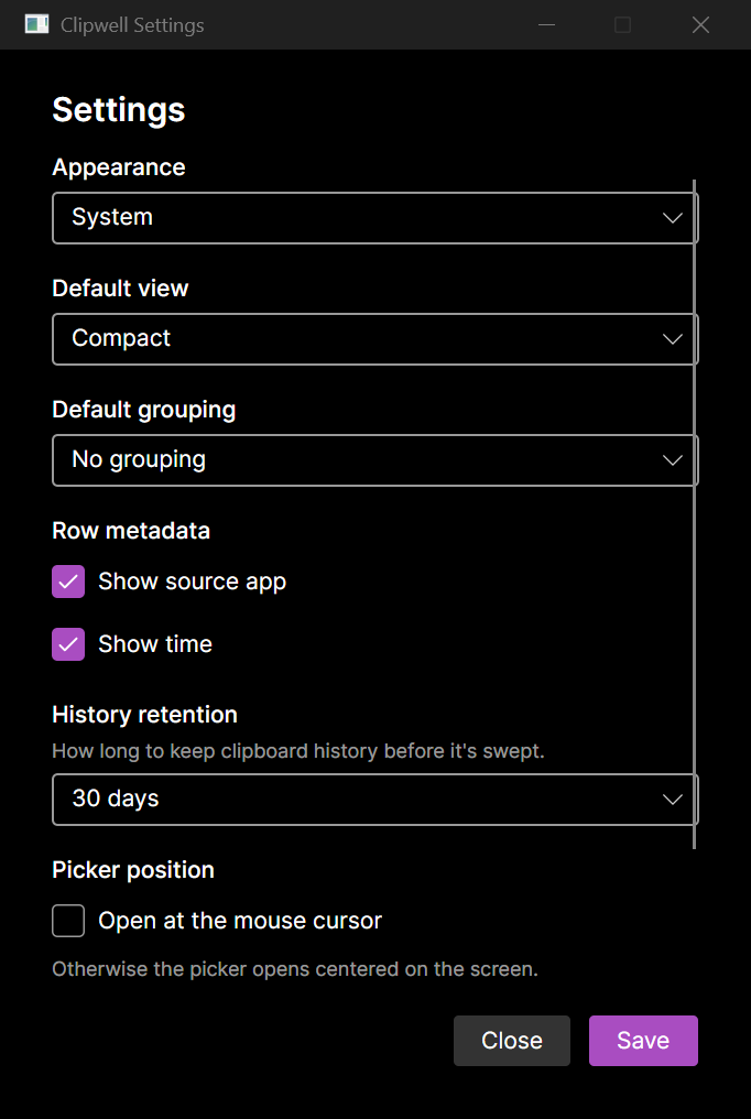 The Clipwell settings window: appearance, default view, grouping, row metadata, retention, and picker position