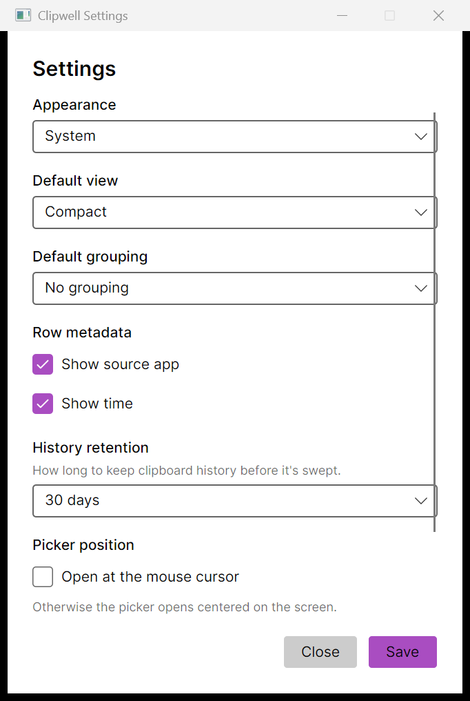 The Clipwell settings window: appearance, default view, grouping, row metadata, retention, and picker position