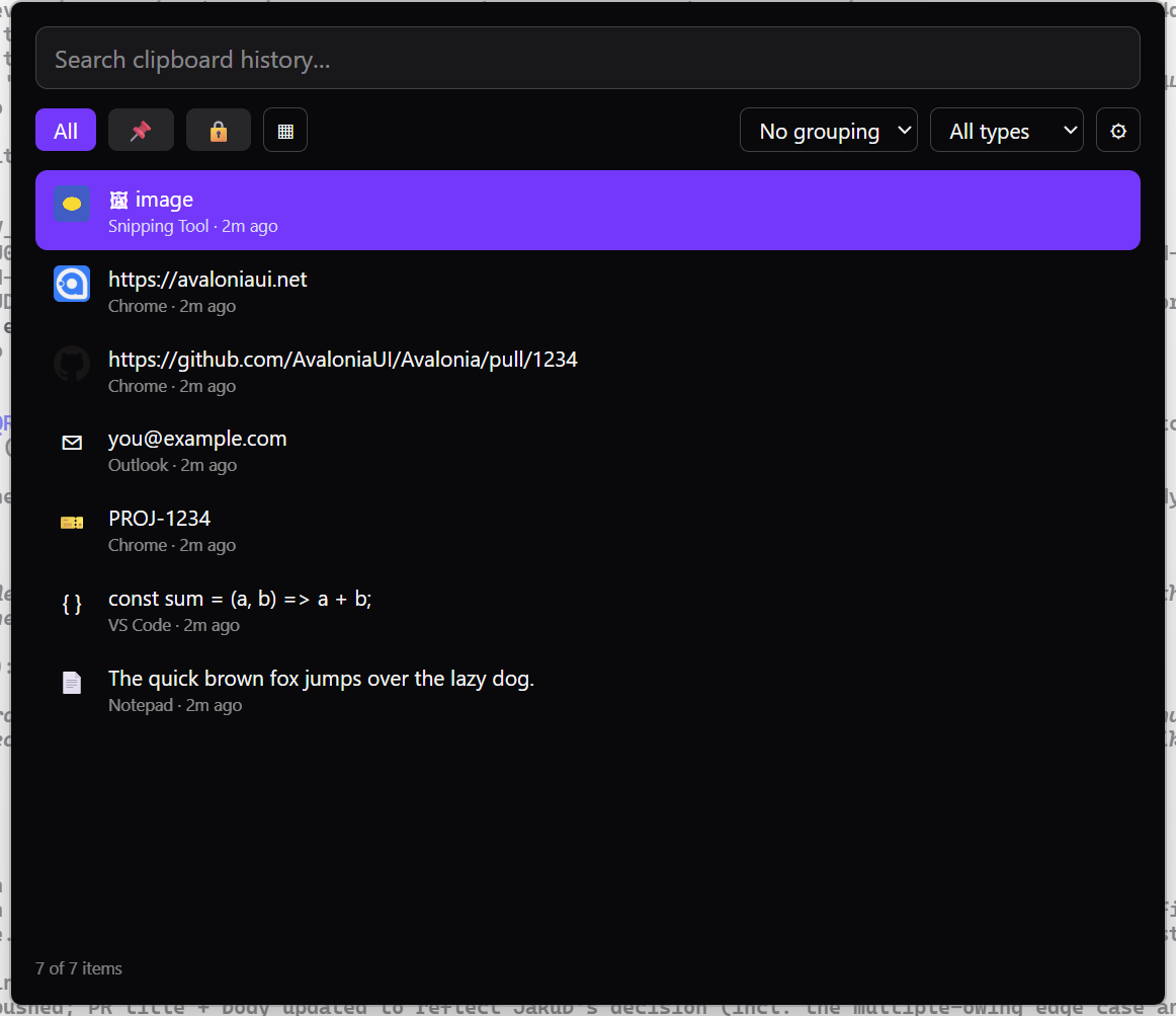 The Clipwell web UI as a Tauri desktop app: search, filter tabs, typed rows with favicons, image thumbnail, and source apps