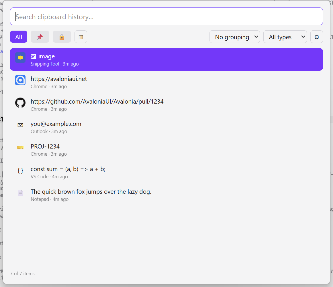 The Clipwell web UI as a Tauri desktop app: search, filter tabs, typed rows with favicons, image thumbnail, and source apps