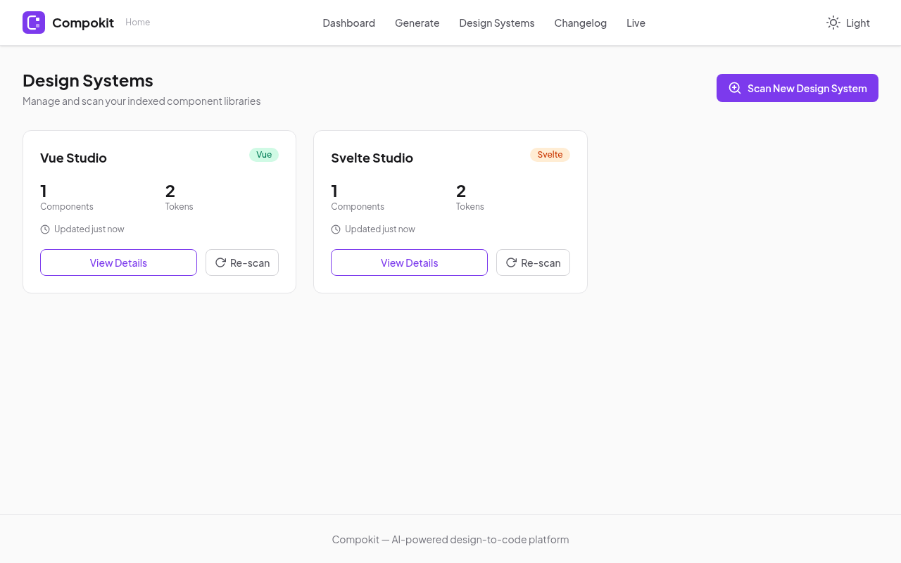 Actual local Compokit result cards showing fictional Svelte and Vue libraries with one component and two tokens each