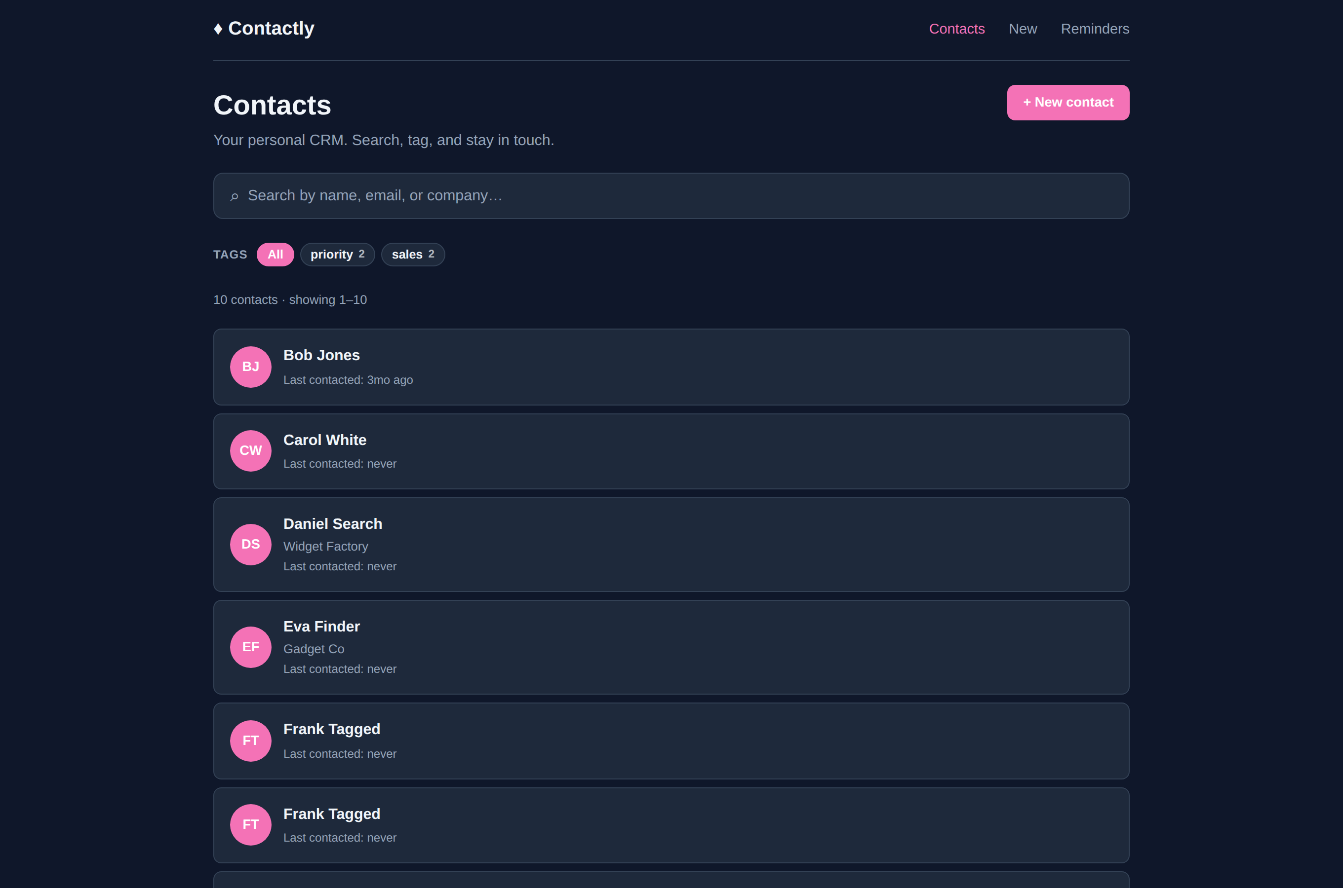 Contactly contacts list: search, tag filters, and contact cards with avatar, company, and last-contacted time