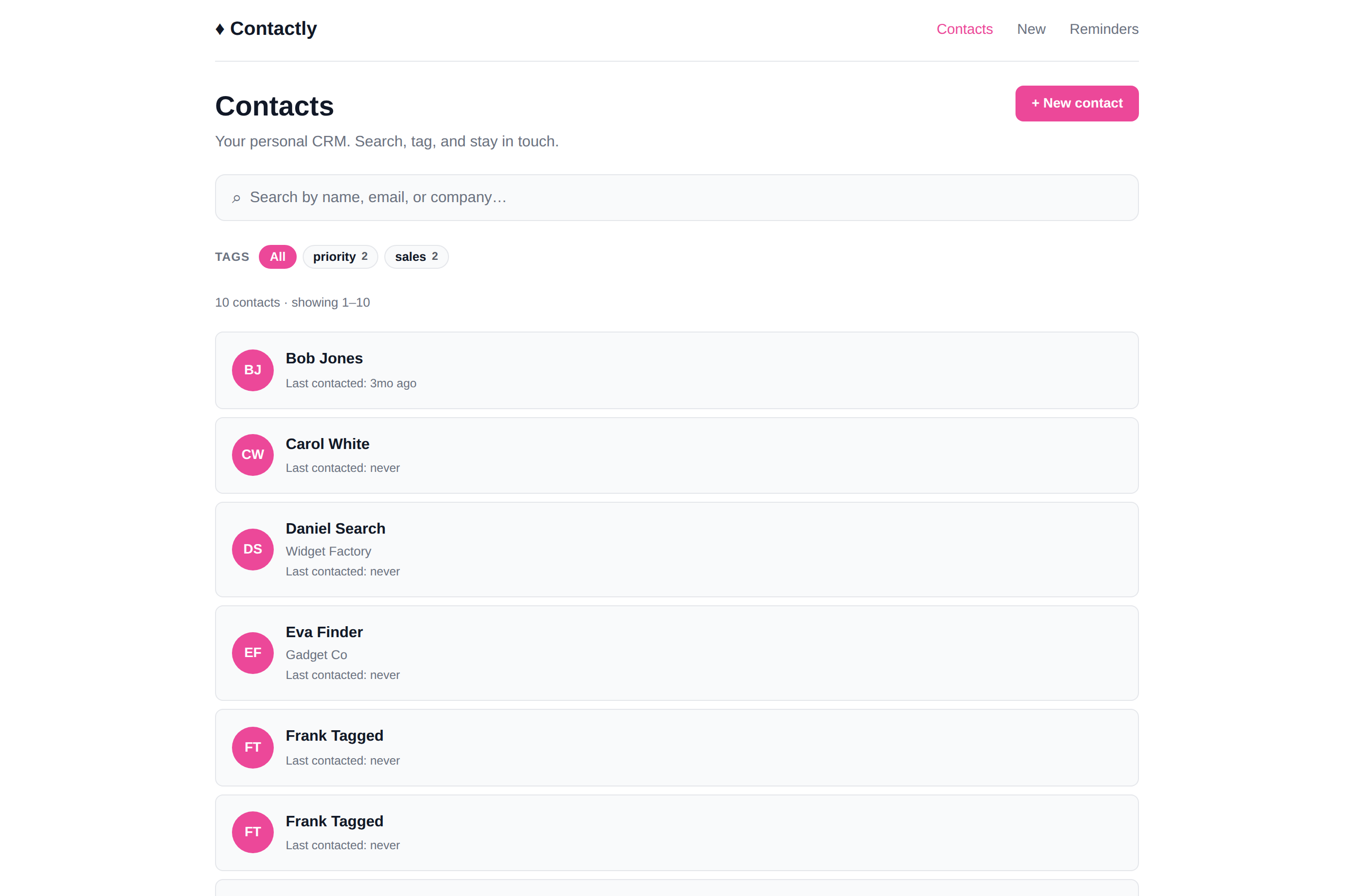 Contactly contacts list: search, tag filters, and contact cards with avatar, company, and last-contacted time