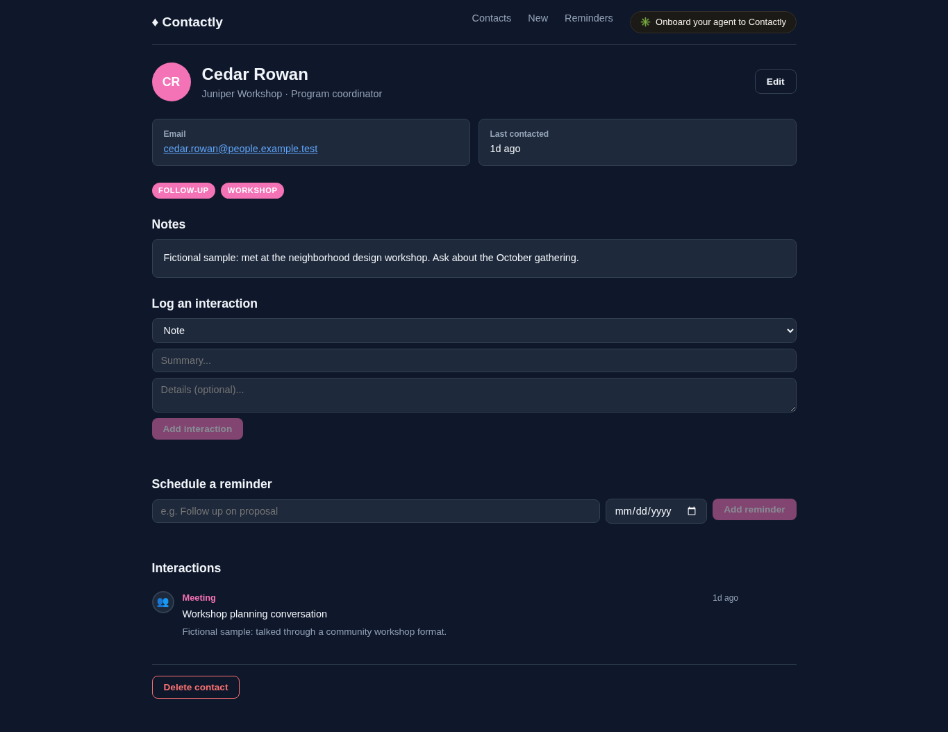 Actual Contactly detail for fictional Cedar Rowan with an example.test address, workshop note, and meeting interaction