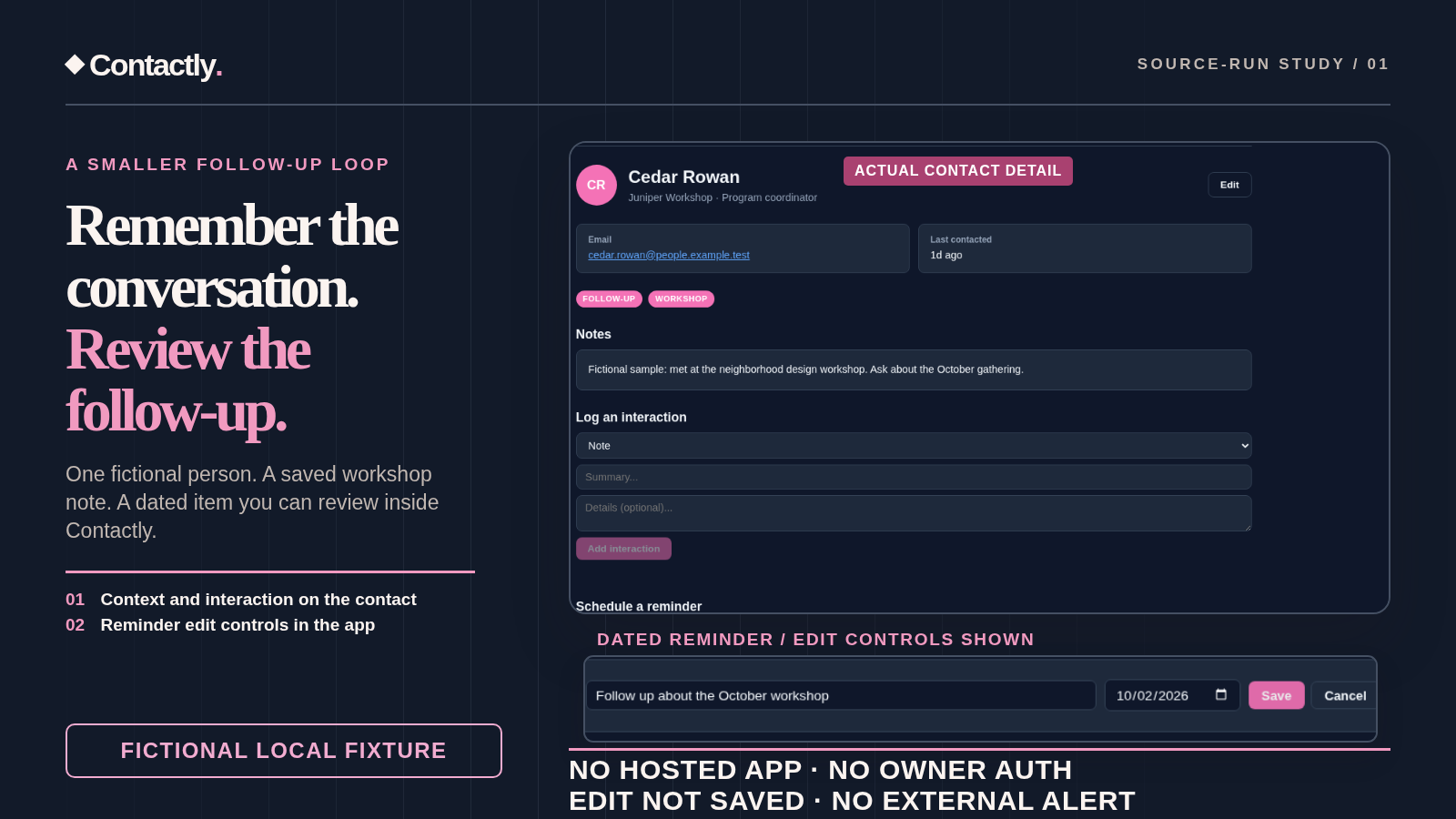 Annotated Contactly source-run poster with fictional Cedar Rowan detail and reminder edit controls, labeled no hosted app, owner auth, saved edit, or external alert