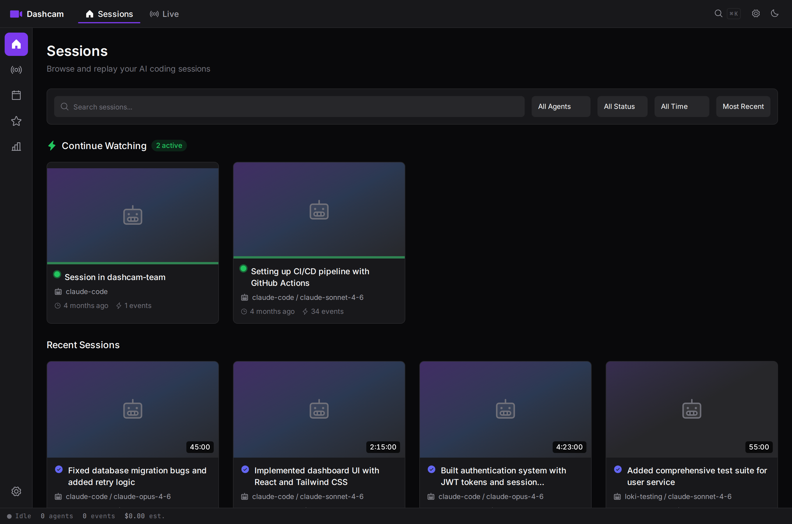 Dashcam sessions view: recorded AI coding agent sessions in the dashboard