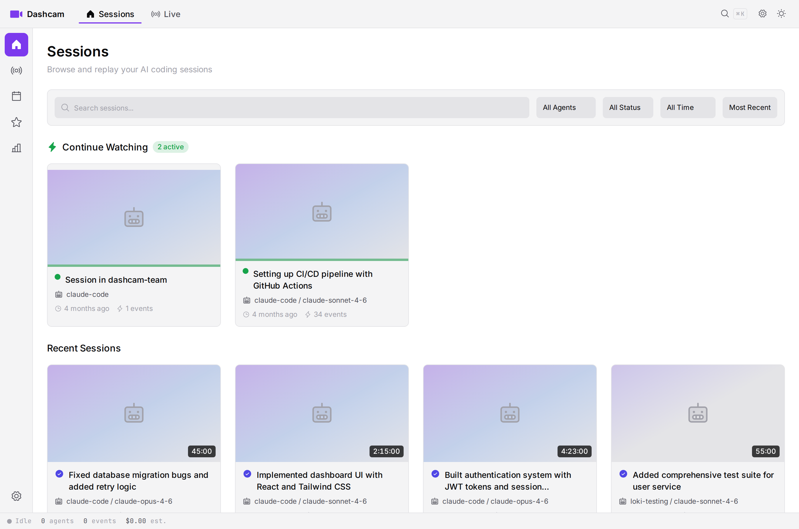 Dashcam sessions view: recorded AI coding agent sessions in the dashboard
