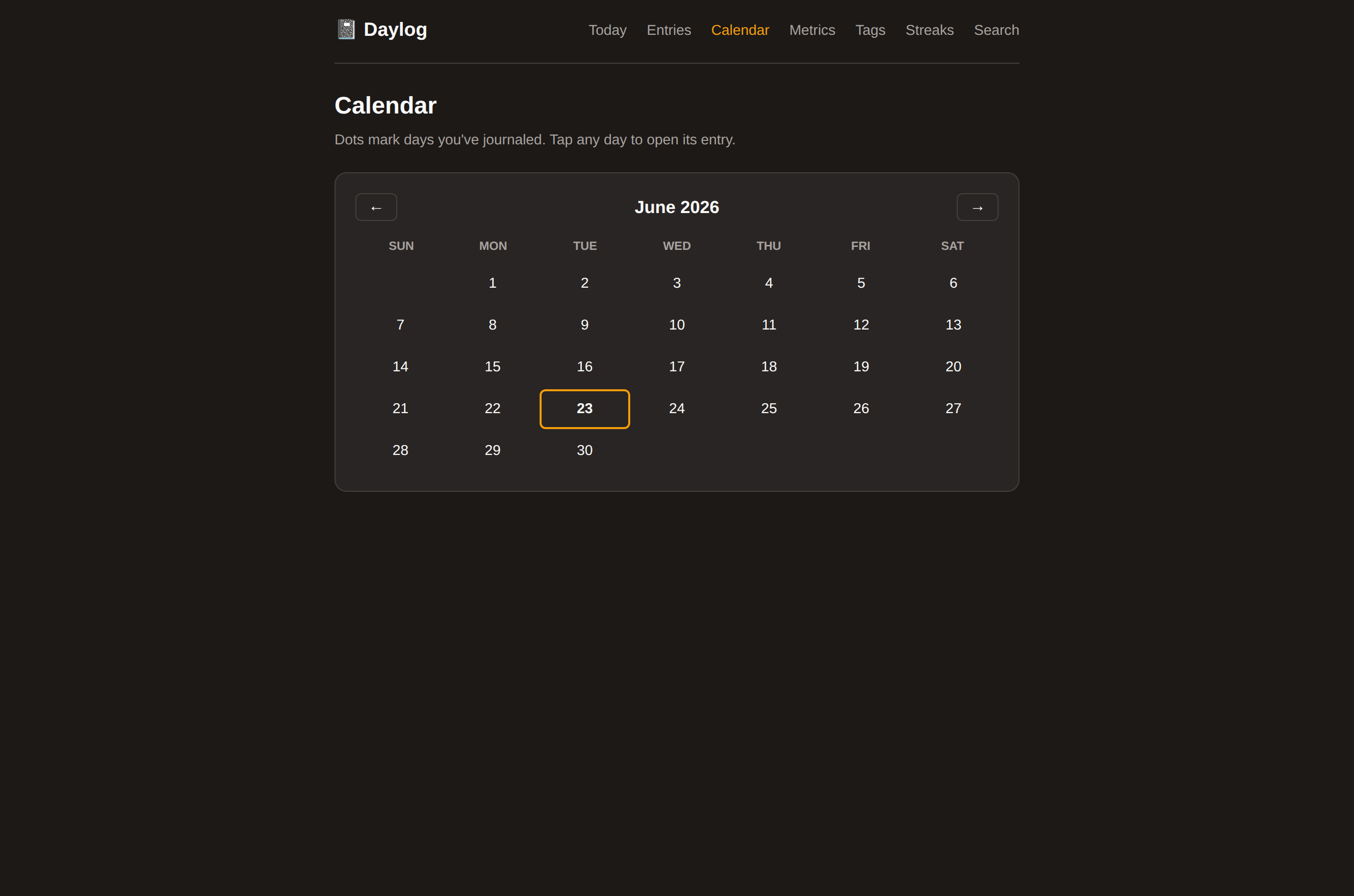 Daylog calendar: a year-at-a-glance grid of journal days