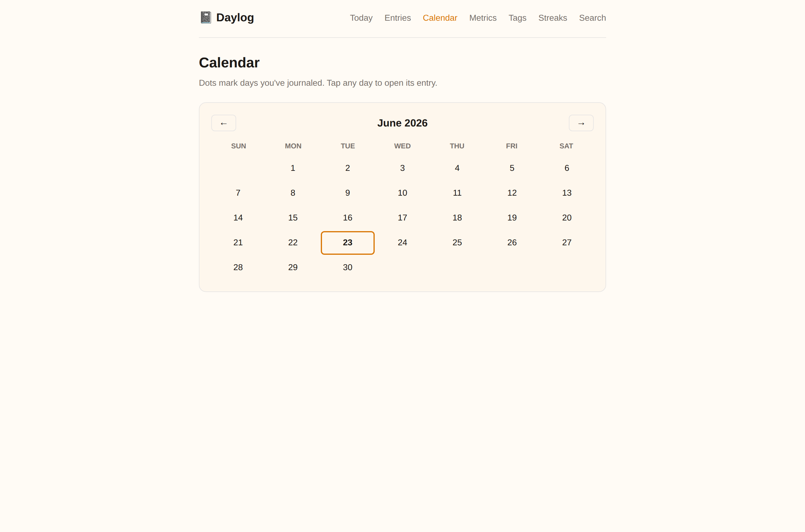 Daylog calendar: a year-at-a-glance grid of journal days