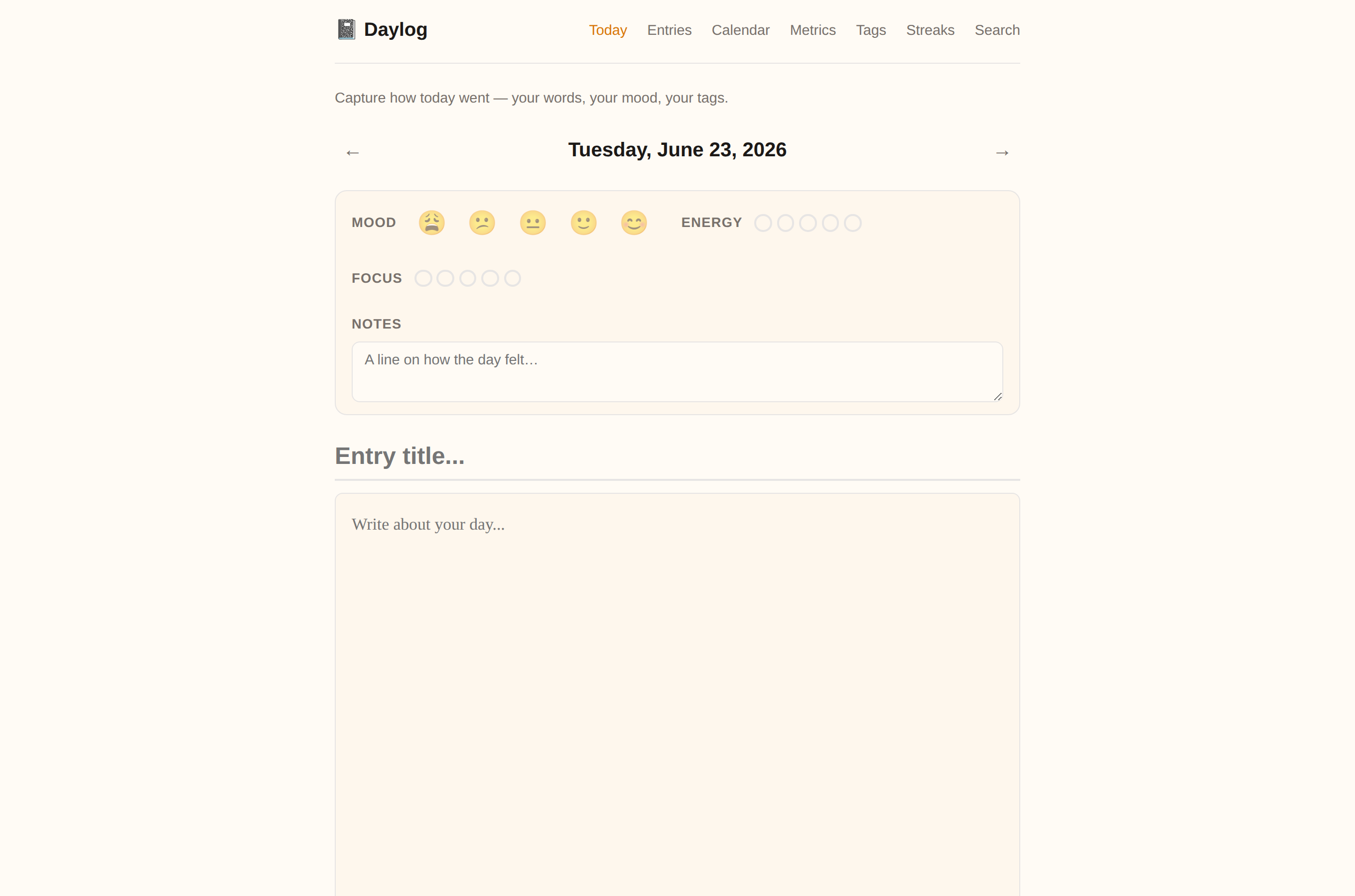 Daylog home: today's journal entry with mood, habit streaks, and recent days