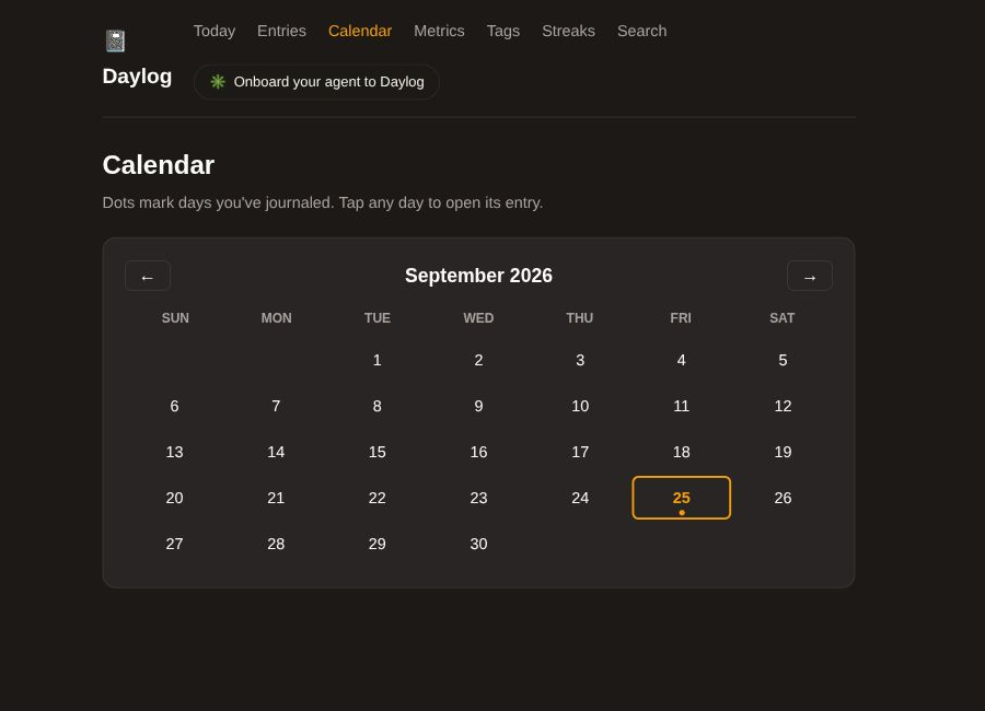 Actual Daylog September 2026 month calendar with a mark on the fictional saved entry date