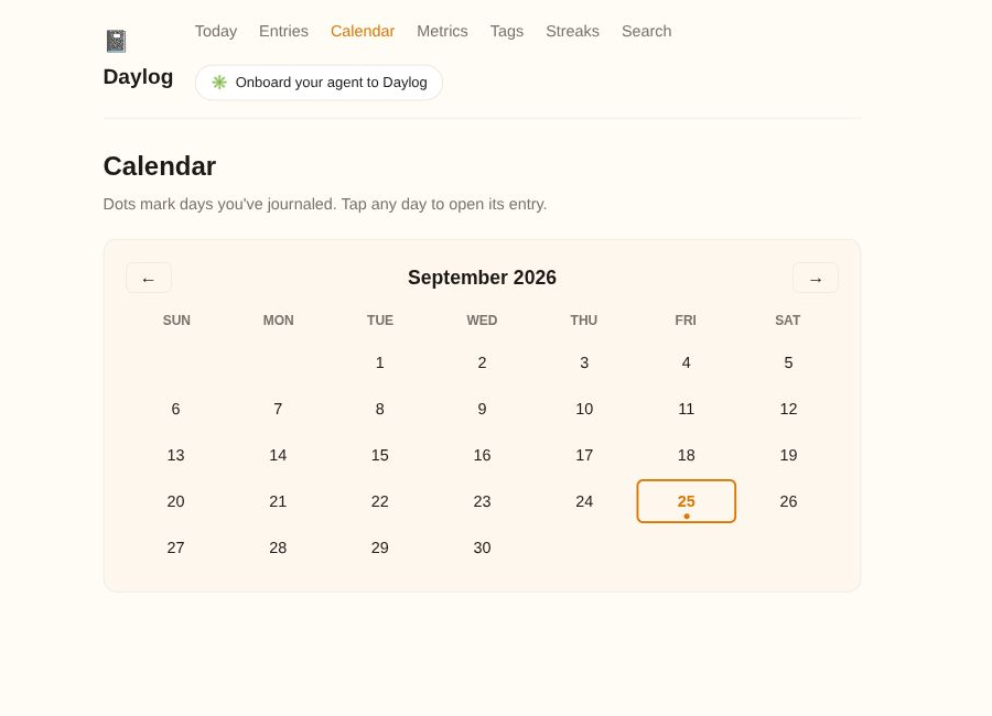 Actual Daylog September 2026 month calendar with a mark on the fictional saved entry date
