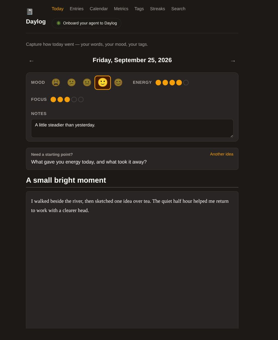 Actual Daylog entry editor with fictional saved title and note, mood, energy and focus ratings, and an optional writing prompt