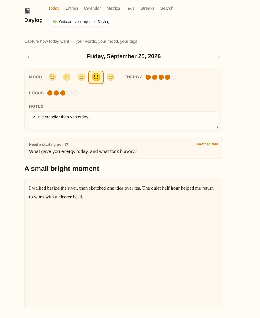 Actual Daylog entry editor with fictional saved title and note, mood, energy and focus ratings, and an optional writing prompt