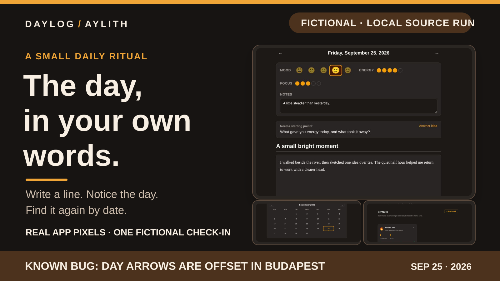 Diagnostic Daylog poster made from actual fictional entry, calendar and one-streak app captures, with a visible Budapest date-arrow bug warning