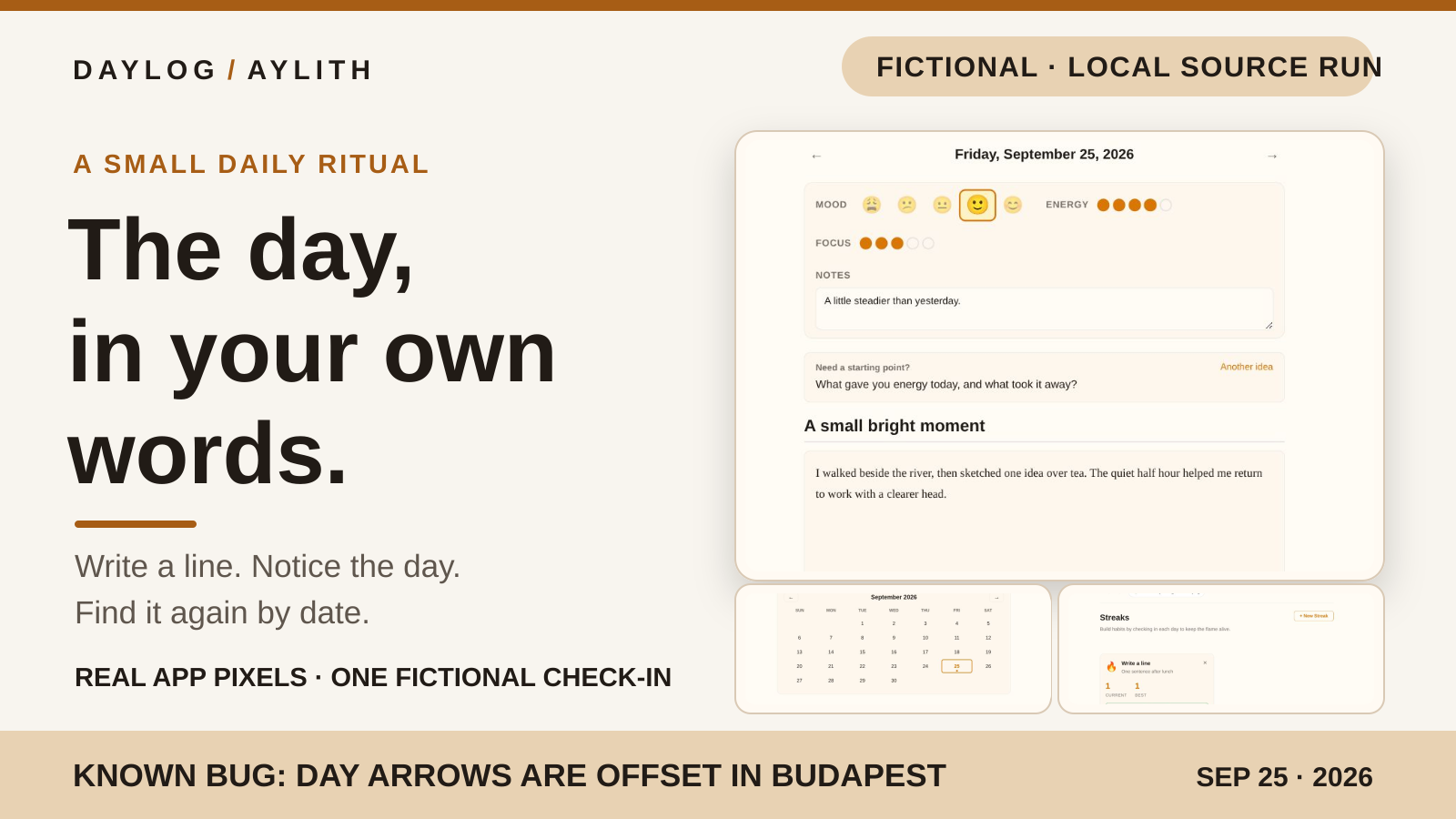 Diagnostic Daylog poster made from actual fictional entry, calendar and one-streak app captures, with a visible Budapest date-arrow bug warning