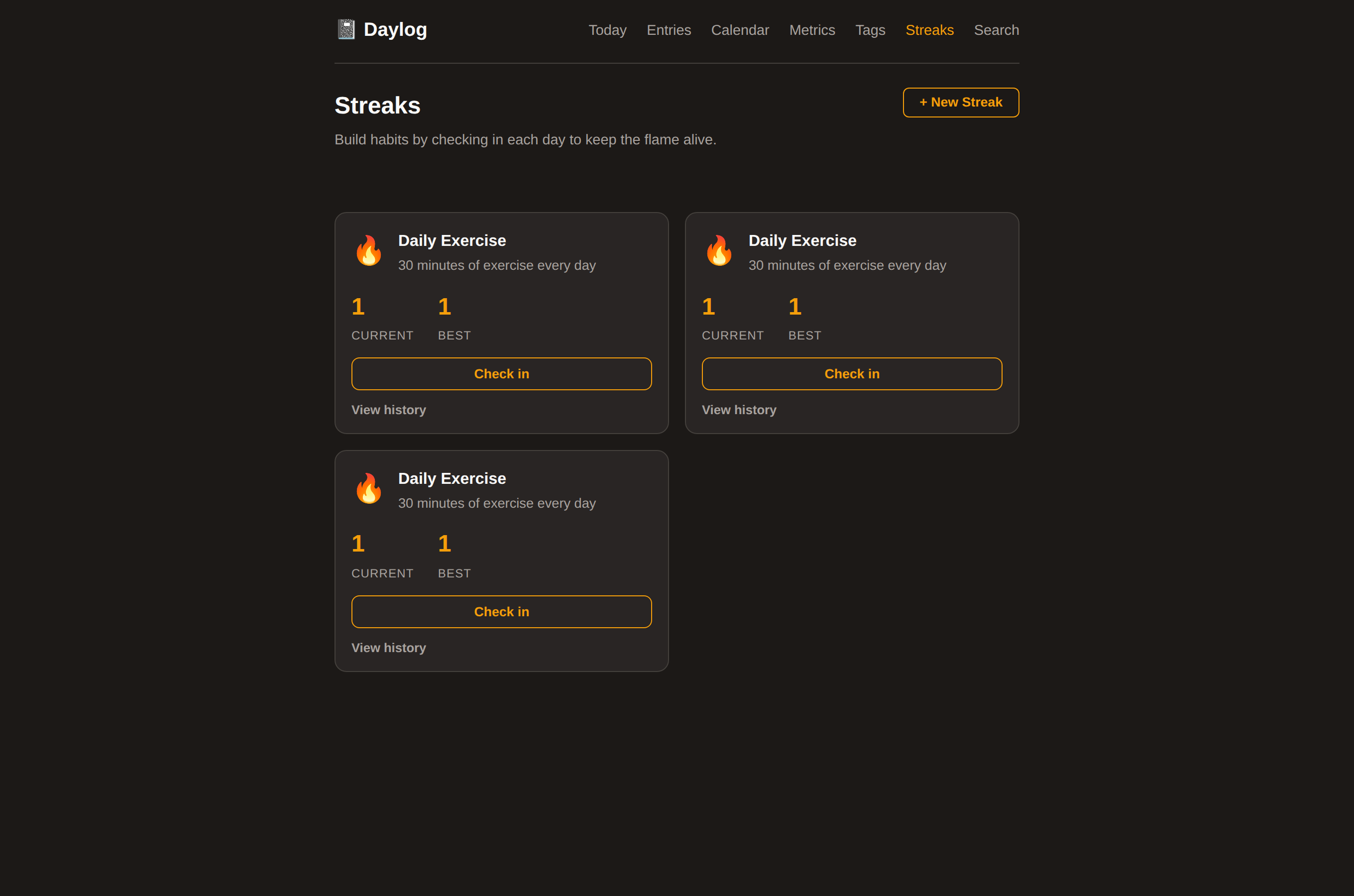 Daylog streaks: habit streaks with check-in history