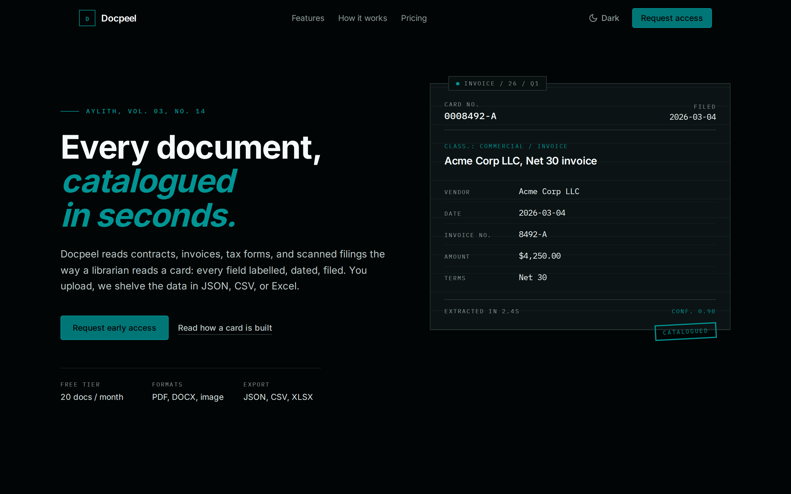 Docpeel landing: upload any document, get structured data back